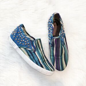 Kim & Zozi Studded Skull Slip On Sneakers Hippie Bling Striped Canvas